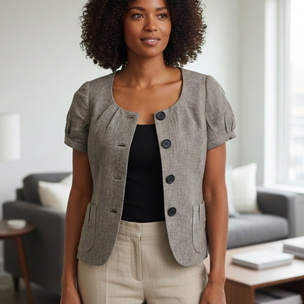 Banana Republic Linen Blend Short Sleeve Oatmeal‎ Tan Blazer Jacket 2008 Size 4